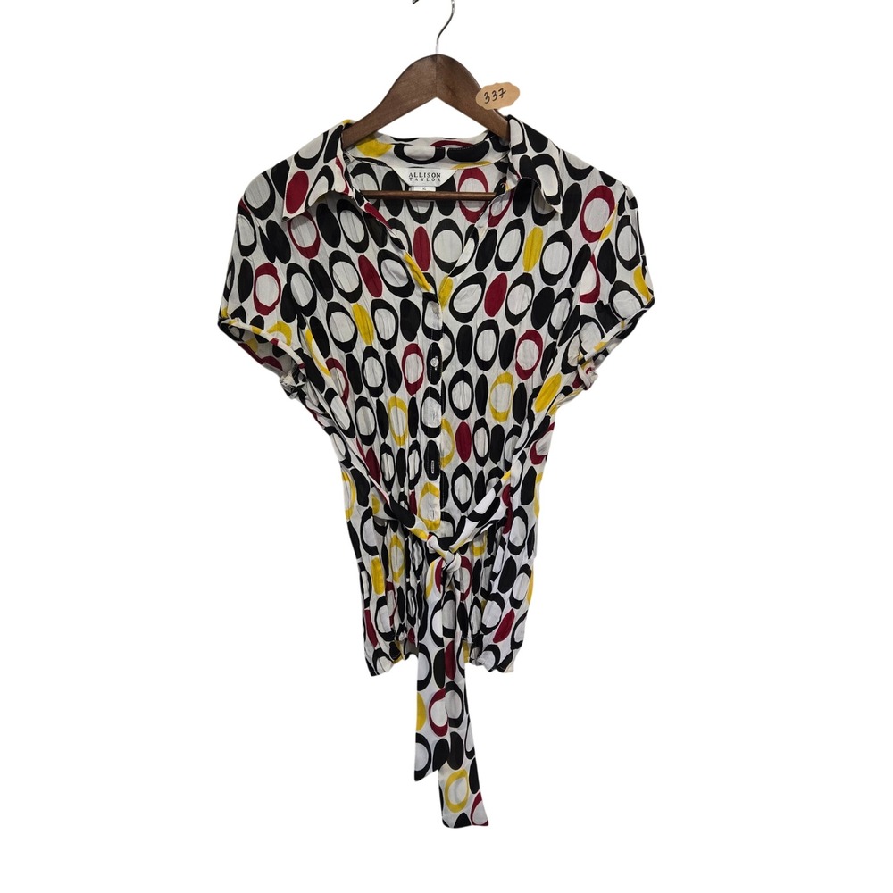 Allison Taylor Womens XL Cotton‎ Button Front Blouse Tie Waist Geometric Circles